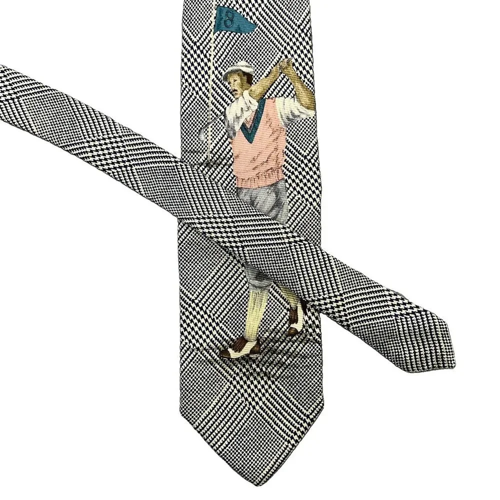 Vintage Polo Sport Ralph Lauren 100% Silk Necktie Tie Golf Golfer Houndstooth